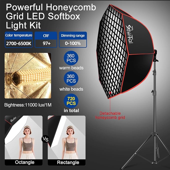 Softbox Photography Lighting Kit,37" Octange Softbox Lighting Kit with Honeycomb Grid 110W 2700K-6500K 11000Lux Dimmable LED Prismatic Lamp and Remote Control, Lighting for Video Recording - Image 2