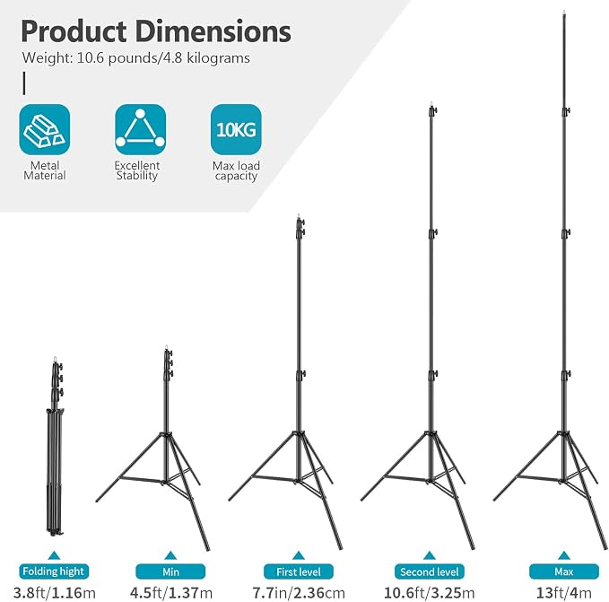 NEEWER Heavy Duty Light Stand, 13ft/4m Adjustable Metal C Stand, Black | Photography Tripod, Spring Cushion, 1/4" Screw, for Studio LED Continuous Light Background Flash Strobe, Max Load 22lb/10kg - Image 2