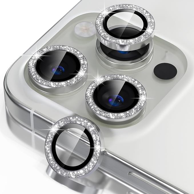 Misea Compatible for iPhone 16 Pro/iPhone 16 Pro Max Camera Lens Protector | 9H Tempered Glass Ultra HD Bling Camera Screen Protector Cover Metal Individual Ring Decoration Accessories, Silver Glitter by Misea