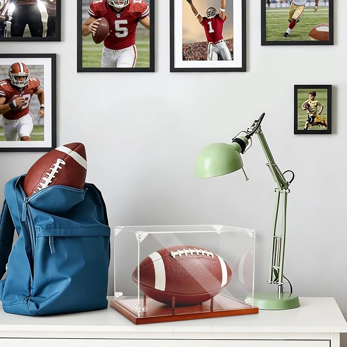 Clear Acrylic Football Display Case with Wood Base & Tee, Memorabilia Stand Cube Holder, Dust Protection Transparent Storage Box for Single Ball Souvenir Football Collections - Image 9