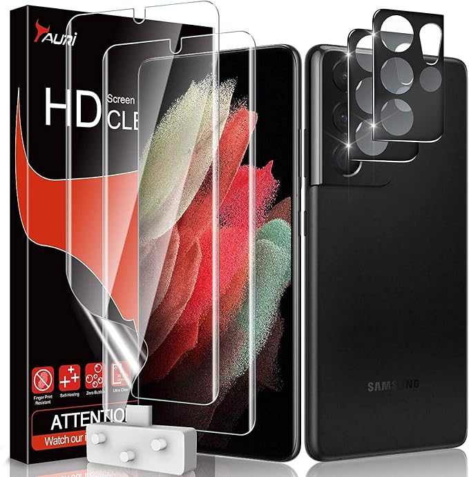 TAURI [Designed for Samsung Galaxy S21 Ultra 5G, 2 Pack Flexible TPU Screen Protector + Camera Lens Protector, Support Fingerprint Unlock, Easy Installation, Bubble Free] by TAURI
