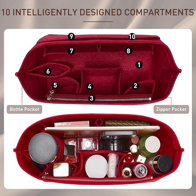 Doxo Purse Organizer Insert for Handbags & Base Shaper 2pc Set, Felt Neverfull MM Organizer Insert, Tote Bag Organizer with Zipper and Bottle Holder, Fit Speedy 30 Neverfull MM and More,Burgundy-L - Image 4