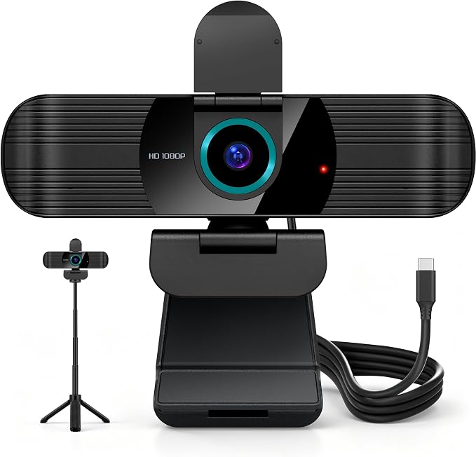 Pro HD 1080p/30fps Webcam with Tripod, External USB-C Camera for PC/Laptop | Dual noise-cancelling mics | Auto-focus | Wide-angle | Low-light correction | 360° rotation | CMOS sensor | Plug and Play by RUWBY
