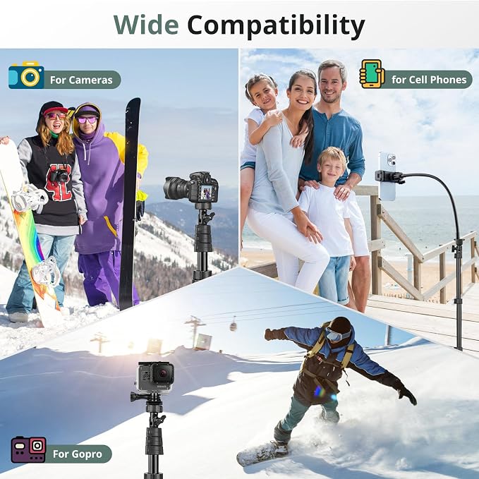Sensyne 88" Phone Tripod, Selfie Stick Tripod with 14.95" Flexible Gooseneck, Overhead Cell Phone Stand for Video Recording, Photography, Compatible with Phone, Camera - Image 3