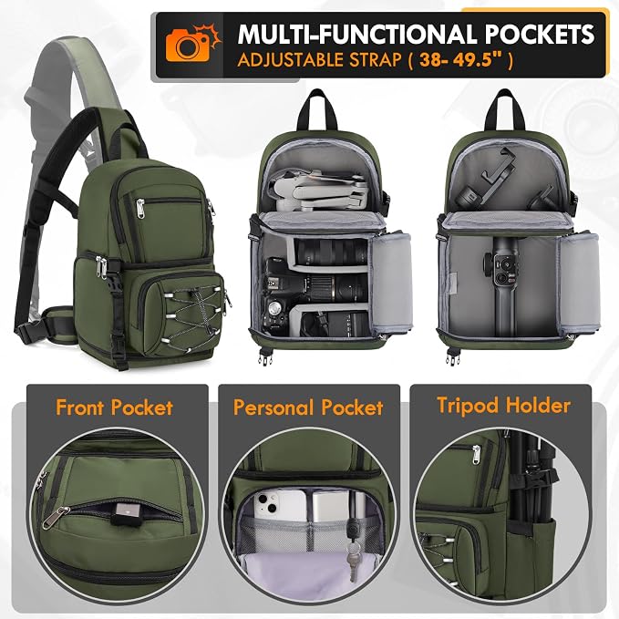 RAINSMORE Camera Sling Bag, Small Dslr/Mirrorless Camera Bag & Case | Waterproof Camera Bags for Photographers, with Removable Padded Insert & Tripod Holder, Compatible with Canon/Nikon/Sony/Fuji - Image 3