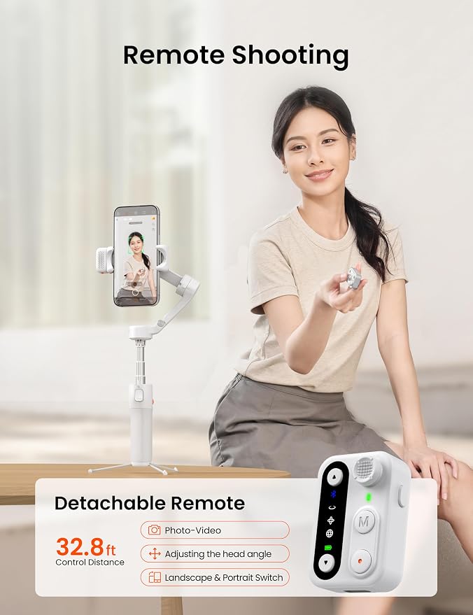 Hohem iSteady V3 Phone Gimbal Stabilizer, Magnetic AI Tracking Sensor with Fill Light, Detachable Remote Control, Built-in Extension Rod and Tripod, Foldable 3-axis Stabilization Gimbal, White - Image 2
