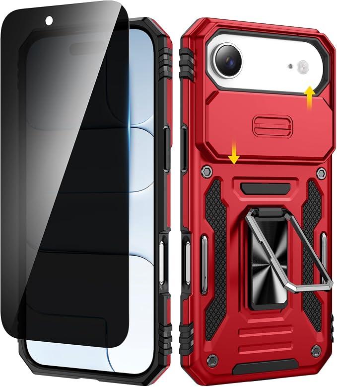 VEGO for iPhone Air Case with Privacy Screen Protector and Kickstand Red | Privacy Tempered Glass Screen Protector & Ring Kickstand Military Grade Heavy Duty Protection Cover for iPhone 17Air - Red by VEGO