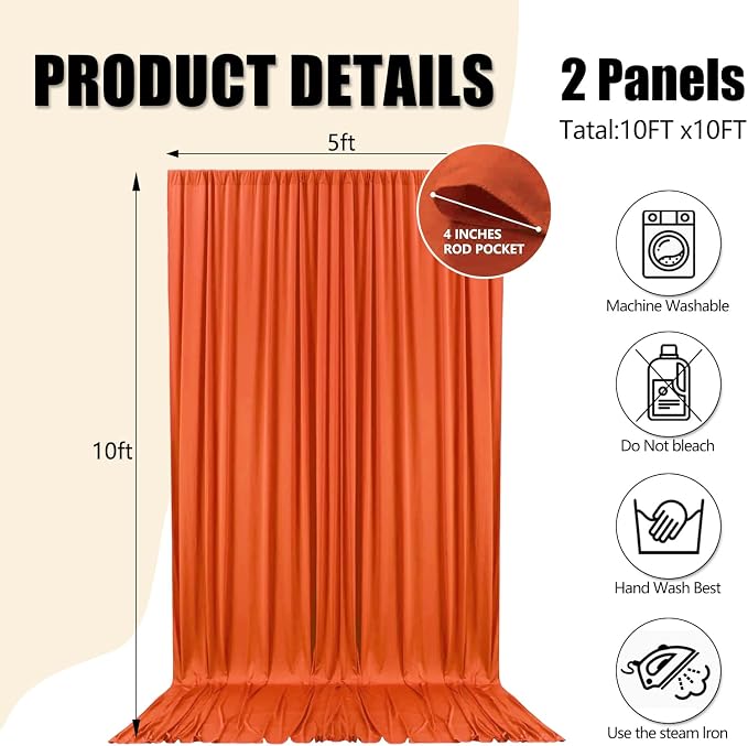 10ft x 10ft Orange Backdrop Curtains for Parties, Polyester Fabric Backdrop Drapes with Rod Pockets for Weddings, Birthday, Halloween, Photography, Christmas Party Background Curtain, 2 Panels - Image 2