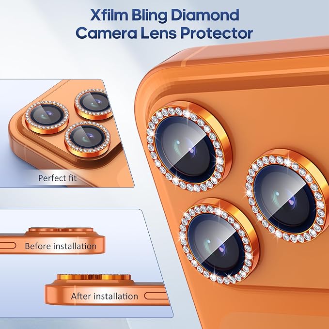 iPhone 17 Pro/17 Pro Max Camera Lens Protector Bling Diamond, Orange | Individual Metal, 9H Hardness, Scratch Resistant, Shockproof, Drop Protection, Case Friendly, Stylish Accessories - Image 5