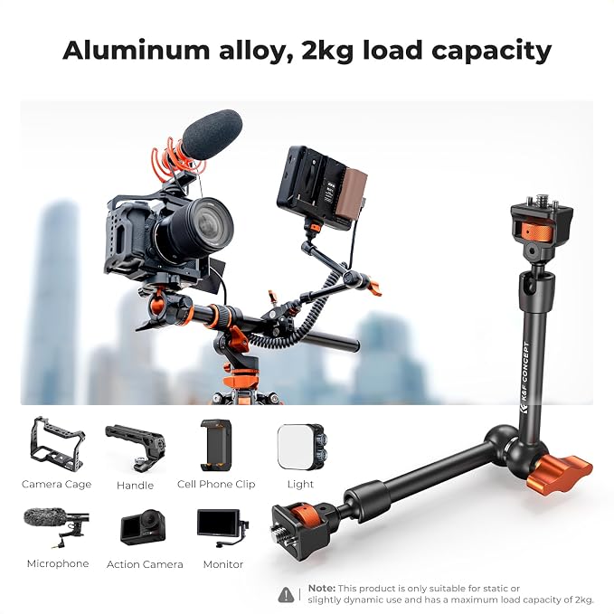 K&F CONCEPT 11" Magic Arm with ARRI 1/4" Screw 360° Ball Heads | Articulating Friction Camera Arm Mount for Monitor, LED Light, Webcam, Microphone, Camera Cage, MS33 - Image 4