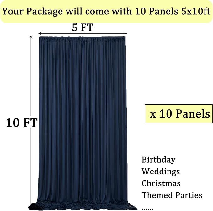 50ftx10ft Wrinkle Free Navy Blue Backdrop Curtains for Parties, 10 Panels 5x10ft Silky Polyester Blue Photo Backdrop Drapes for Weddings Birthday Party Graduation Photography Background Curtains - Image 3