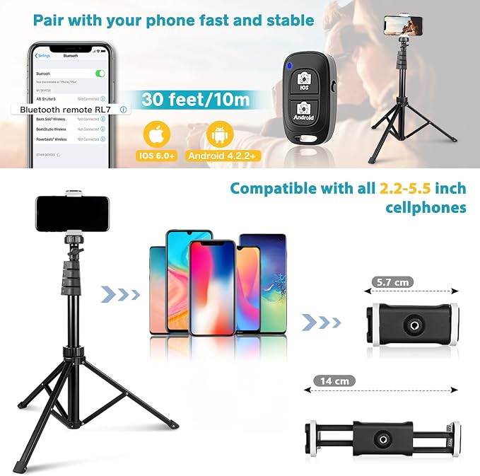 Aureday 67" Phone Tripod, Extendable Cell Phone and Camera Tripod Stand with Wireless Remote & Phone Holder, Aluminum Selfie Stick Tripod - Image 4