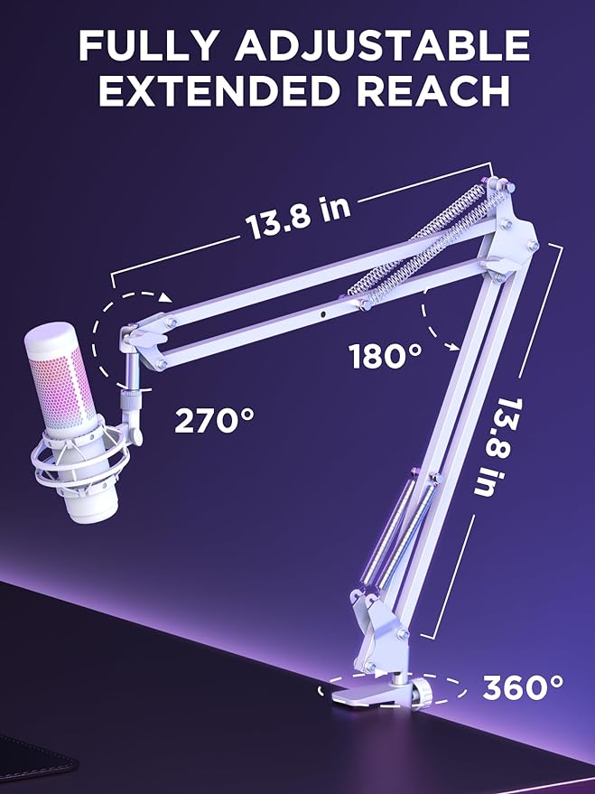 InnoGear Boom Arm Microphone Mic Stand for Blue Yeti Fifine HyperX, White | Desk Mount, Desktop Stands, Adjustable Reach, Rotate Fully, Folds Away Compactly, for Gaming, Streaming or Recording - Image 5