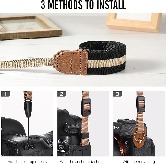 MoKo Camera Strap Compitable with Canon/Sony/Nikon/Minolta/Panasonic/DSLR | Cotton Vintage Camera Strap,Adjustable Neck Shoulder Strap,for Camcorder,Binoculars,for Adults Kids, Black + Beige - Image 3