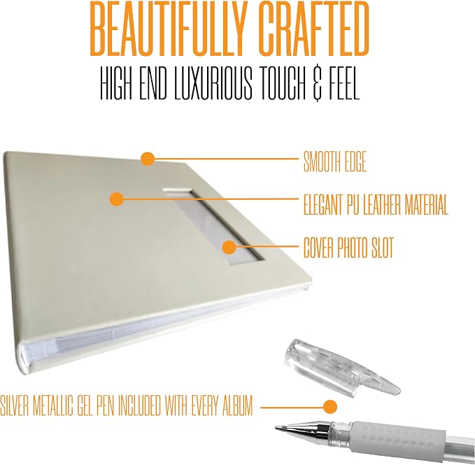 2x6 Strip Album, White Cover White Pages, 2 Gel Pens, 20pk | Leather-cover photo strip scrapbook journal holds 2x6 photos. Album guest book for weddings, graduations, anniversaries. - Image 2