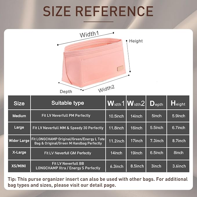 Doxo Purse Organizer Insert for Handbags & Base Shaper 2pc Set, Felt Neverfull PM Organizer Insert, Tote Bag Organizer with Zipper Pocket and Bottle Holder, Fit Neverfull PM and More, Pink-M - Image 2