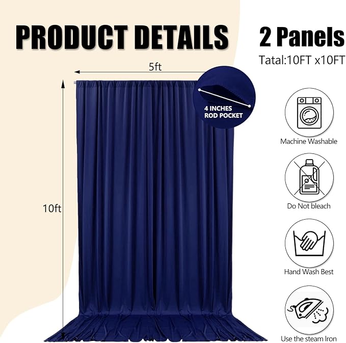 10ft x 10ft Blue Backdrop Curtains for Parties, Polyester Fabric Backdrop Drapes with Rod Pockets for Weddings, Birthday, Photography, Mother's Day, Graduation Party Background Curtain, 2 Panels - Image 2