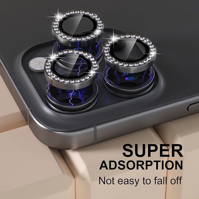 Misea Compatible for iPhone 16 Pro/iPhone 16 Pro Max Camera Lens Protector | 9H Tempered Glass Ultra HD Bling Camera Screen Protector Cover Metal Individual Ring Decoration Accessories, Black Diamond - Image 6