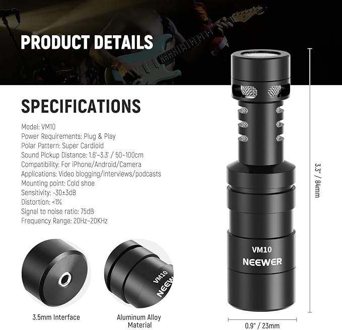 NEEWER VM10 Plug & Play Vlog Microphone for Camera, Mini Supercardioid Mic | 20-20KHz, Compatible with Sony Canon Nikon iPhone Samsung Android Tablet Mac, 3.5mm TRS, USB C OTG, Shock Mount, Windscreen - Image 4
