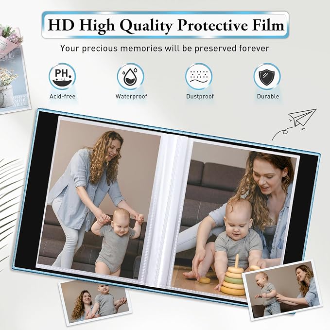 Small Photo Album 4x6,Linen Cover Slide-in Mini Photo Album Book Can Holds 100 4x6 Photos with 50 Black Sheets for Baby Family Pictures Artwork or Postcards Storage (Denim Blue) - Image 4