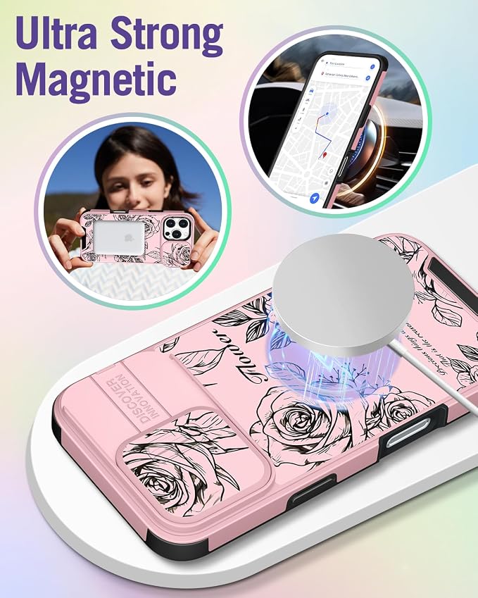 Buleens for iPhone 16 Pro Max Case 6.9 Inch - with Ring Stand & Camera Cover Aesthetic Cute Designed Women Girl Girly Pretty Kawaii Rose Flower Phone Case for iPhone 16 Pro Max Compatible with Magsafe - Image 4