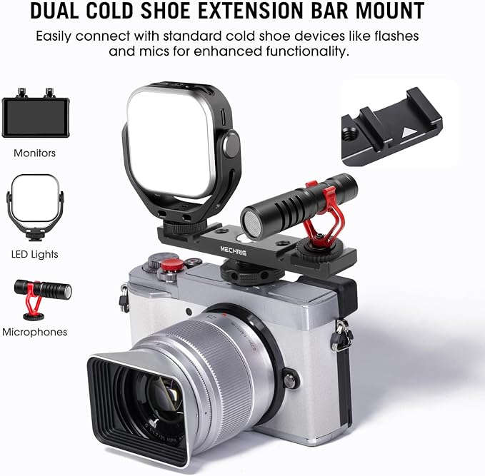 Dual Cold Shoe Extension Bar Mount, Aluminum Dual Hot Shoe Mount Bracket with 1/4" Thread & Cable Slot, Cold Shoe Bracket for DSLR Camera LED Video Light Microphone Monitor (62034) - Image 2