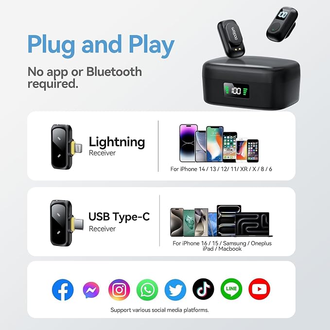 occiam Mini Lavalier Microphone for iPhone & Android Wireless Microphone | Noise Reduction Magnetic Mini Lapel Mic with 54H Charging Case for YouTube Podcast Tiktok Vlogging Video Recording Black - Image 8