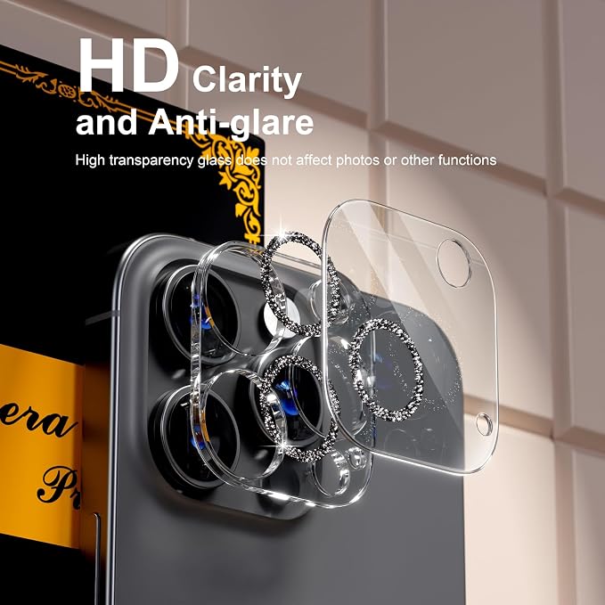 for 6 Pack iPhone 15 Pro/iPhone 15 Pro Max Camera Lens Protector [Drop Protection] [Case Friendly] [Easy Installation] 9H Tempered Glass Camera Screen Protector Cover, Glitter Black - Image 6