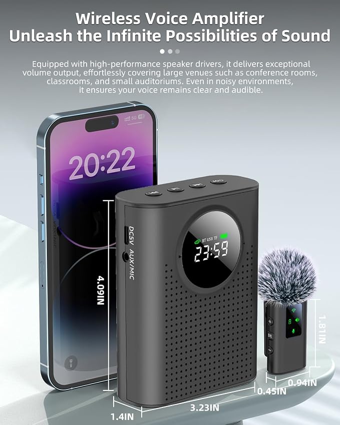 S67 Rechargeable Voice Amplifier Wireless Microphone for Teachers Classroom, Mini Lavalier Lapel Mic Clip Magnetic, Portable Bluetooth Speaker with LED Display for Class, Tour Guide, Black - Image 8