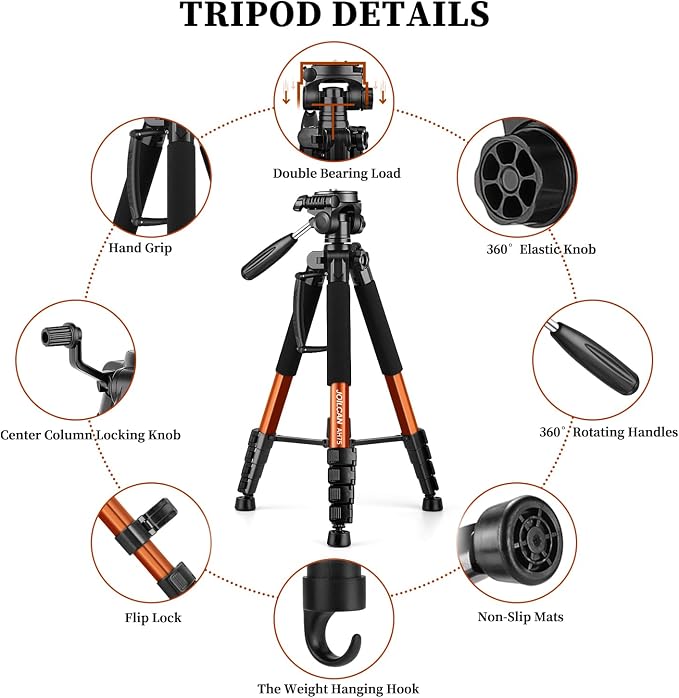 JOILCAN 74" Tripod for Camera Cell Phone Video Photography | Heavy Duty Tall Cameras Tripod Stand, Professional Travel DSLR Tripods, Compatible with Canon iPhone, Max Load 15 LB - Image 7