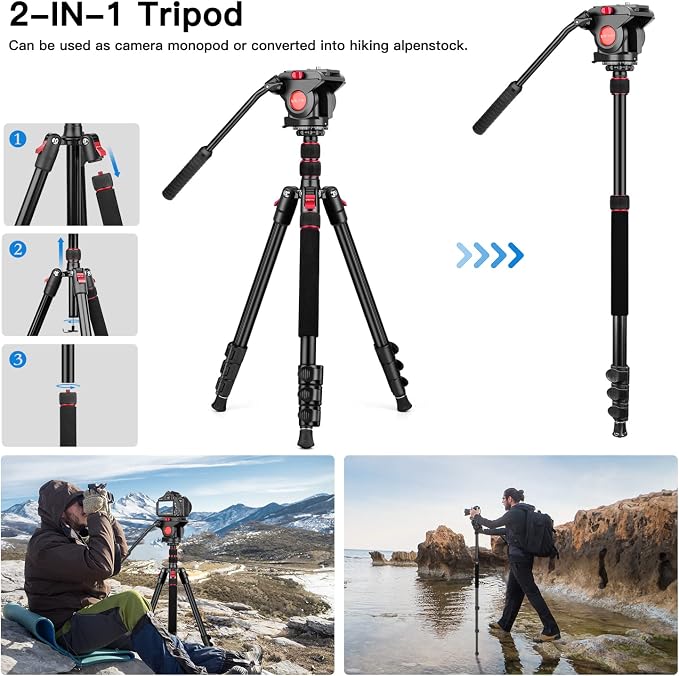 Victiv Video Tripod, 72" Heavy Duty Fluid Head Camera Tripod with Carry Bag | Professional Aluminum Camera Tripod Stand, 2-in-1 Camera Tripods & Monopods, Compatible with Canon, Sony, DSLR, Camcorder - Image 5