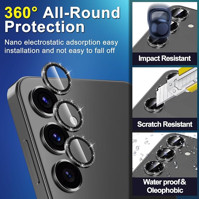 for Samsung Galaxy S25 Camera Lens Protector, Individual Metal Ring Tempered Glass Lens Cover, [Strong Adsorption] Scratch Resistant Ultra-Thin HD Clear Lens Cover, 1 Set-Black Sparkly - Image 3