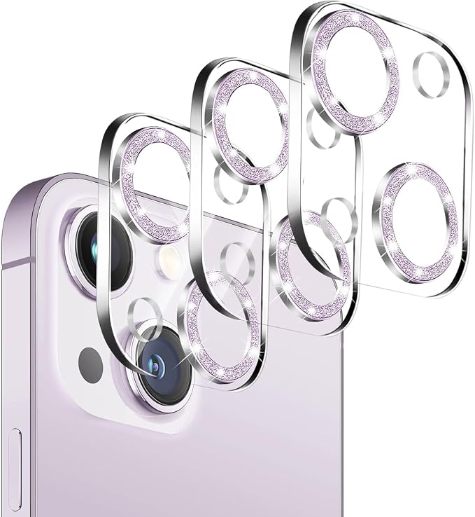 Dengduoduo 3 Pack Tempered Glass Camera Lens Protector for iPhone 15 6.1" & for iPhone 15 Plus 6.7",Bling Glitter, Ultra HD, 9H Hardness, Anti-Scratch, Case Friendly [No Affect on Night Shots]-Purple by Dengduoduo