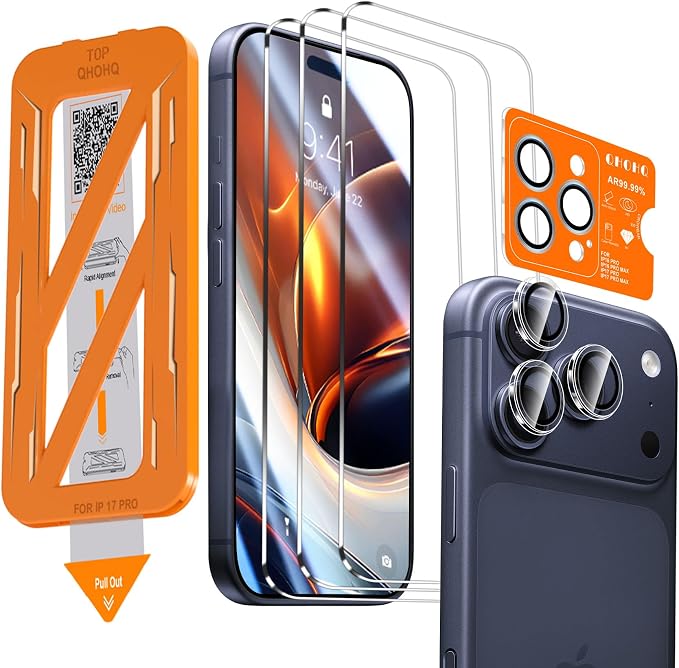 QHOHQ [1-Second Auto-Install] 3 Pack Screen Protector for iPhone 17 Pro [6.3 Inch] + 1 Set Camera Lens Protector, Shatterproof Tempered Glass, [Military Grade Protection], Anti-Finger, Case Friendly by QHOHQ