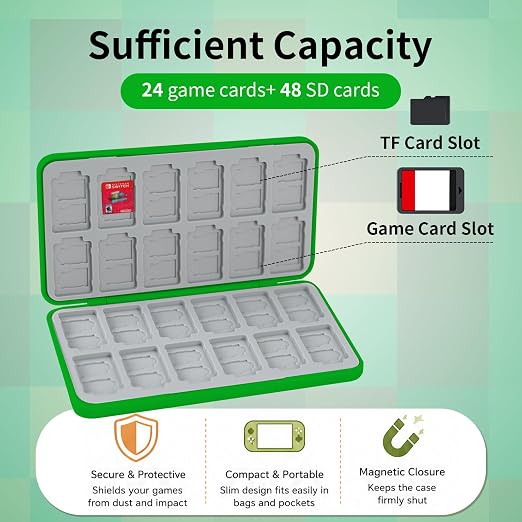 PERFECTSIGHT Switch Game Card Case for Nintendo Switch 2/ Lite / OLED, Switch 2 Game Holder Cartridge Case for Game Cards and 48 SD Cards, Cute Kawaii Portable Compact Storage Box, Green Grid - Image 2
