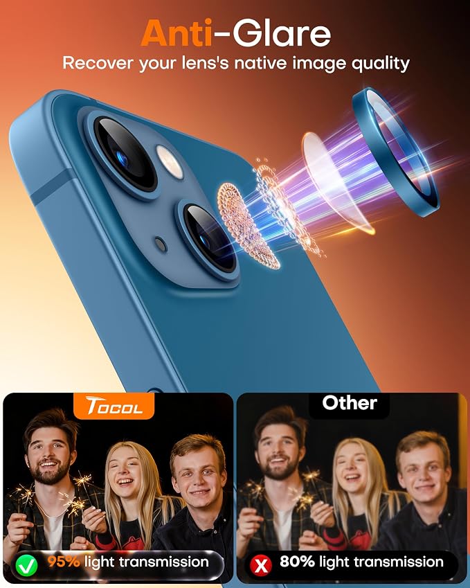TOCOL Camera Lens Protector for iPhone 13 / iPhone 13 Mini Tempered Glass HD Individual Scratch Resistant Camera Cover Accessories Case Friendly 2 Pack（Dark Blue） - Image 6