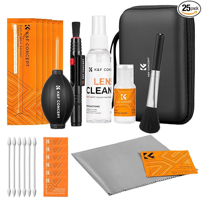 K&F CONCEPT 25 in 1 Camera Cleaning Kit, Full Frame Lens and Sensor Cleaner | 24mm Vac-Sealed Swabs,Lens Pen,60 and 20ML Lens Cleaner,Cloth,Blower,Hard Case, for Canon Nikon Sony DSLR Mirrorless,MK02 by KFCONCEPT