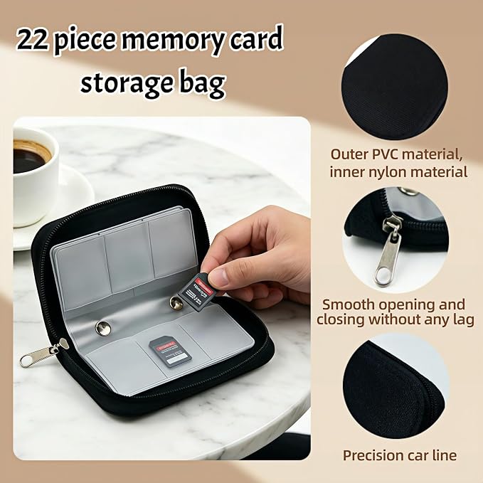 Memory Card Storage Carrying Pouch Case, Holder Wallet for CF/SD/SDHC/MS/DS, Fashion and Durable Solid Color 22 Card Slot for Media Storage Organization (Black) - Image 3