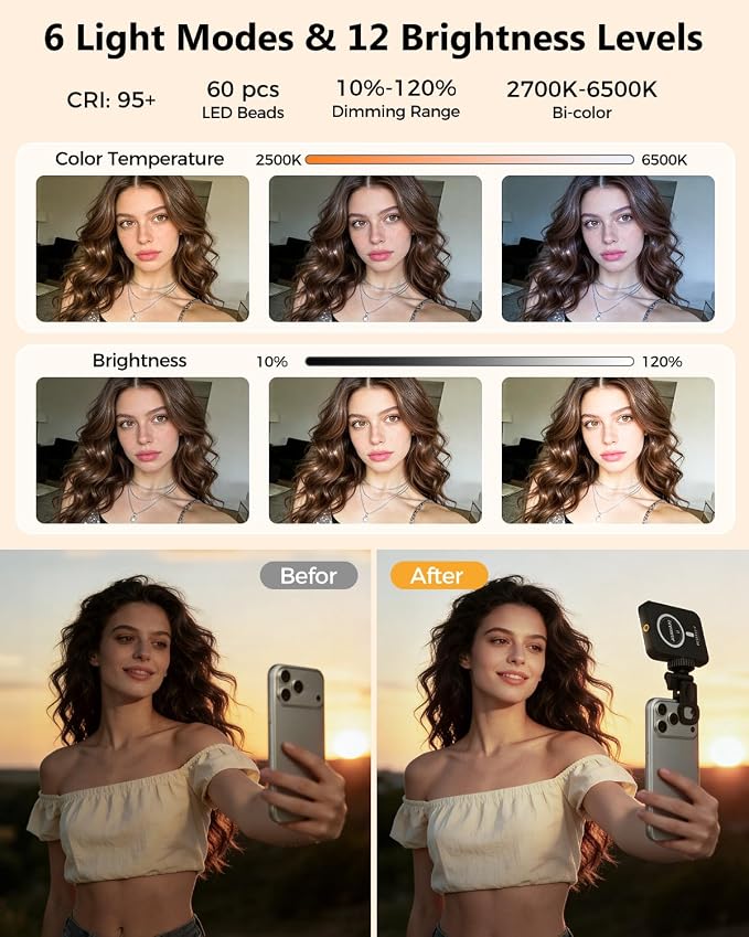 Magnetic Selfie Light for iPhone, Selfies Video Lighting, 6 Lighting Modes, 12 Brightness Levels, Clip, Magnetic or Camera Mount, Ideal for TikTok, Zoom, Makeup, Live Streaming - Image 2