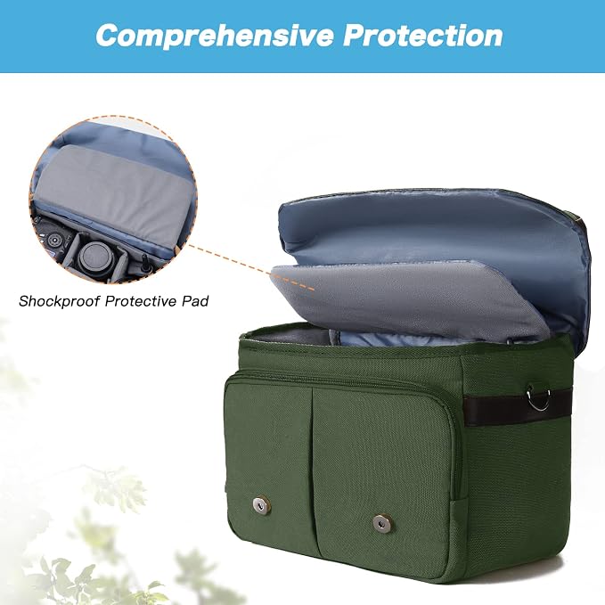 MOSISO Camera Case Crossbody Shoulder Messenger Photography Bag, Army Green | DSLR/SLR/Mirrorless Vintage PU Leather Flap Gadget Bag with Rain Cover Compatible with Canon/Nikon/Sony Camera and Lens - Image 7