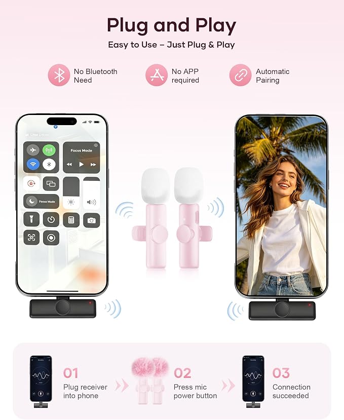 SUDEHO Dual Wireless Lapel Microphone System, Noise-Canceling Clip-On Design, Instant Connection via USB-C Receiver for Android (Rosy Pink) - Image 2