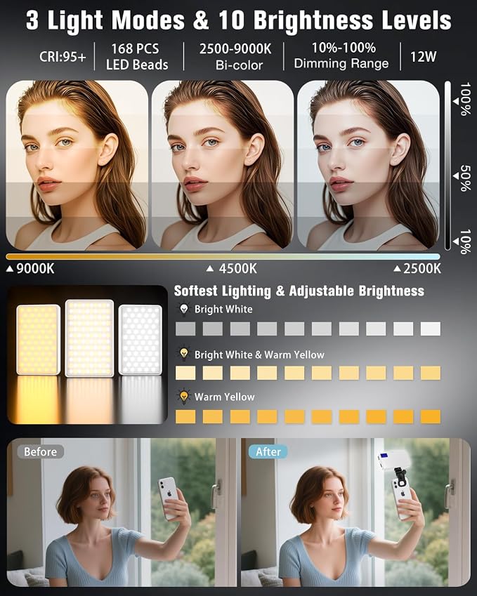 168 LED Portable Selfie Light Video Conference Light with Front & Back Clip, Rechargeable 3 Light Modes for Phone, iPhone, Android, iPad, Camera, Laptop, Makeup, Tiktok, Vlog(White) - Image 3