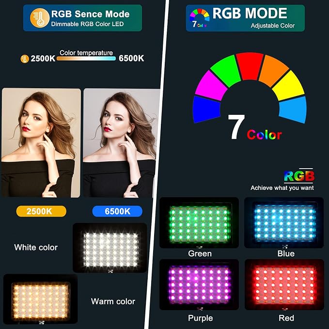 2 Packs RGB LED Video Light with Tripod Stand/White Filters - Image 2