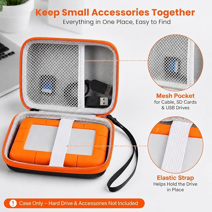 ALKOO Case for LaCie Rugged Mini 1TB/2TB/4TB/5TB External Hard Drive | Portable HDD Holder, Cable Pocket, SD Card Storage, for Photographers, Creators, Students, Office, Travel, Case Only, Orange - Image 3