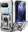 Taisairu for Google Pixel 9A Case with Screen Protector & Slide Camera Lens Cover, Built-in 360°Rotate Magnetic Ring Stand Shockproof Protective Phone Case for Google Pixel 9A Case (Silver) by Taisairu