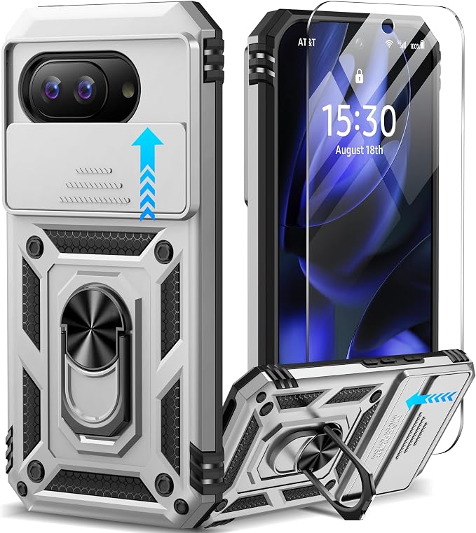 Taisairu for Google Pixel 9A Case with Screen Protector & Slide Camera Lens Cover, Built-in 360°Rotate Magnetic Ring Stand Shockproof Protective Phone Case for Google Pixel 9A Case (Silver) by Taisairu