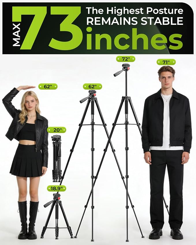 CAMBOFOTO 72" Camera Tripod for DSLR and Cell Phone, Pan Head, Aluminum | Portable Tall Tripod Stand with Phone Holder &Quick Release Plate, Compatible with Canon iPhone for Live Video Vlog Recording - Image 4