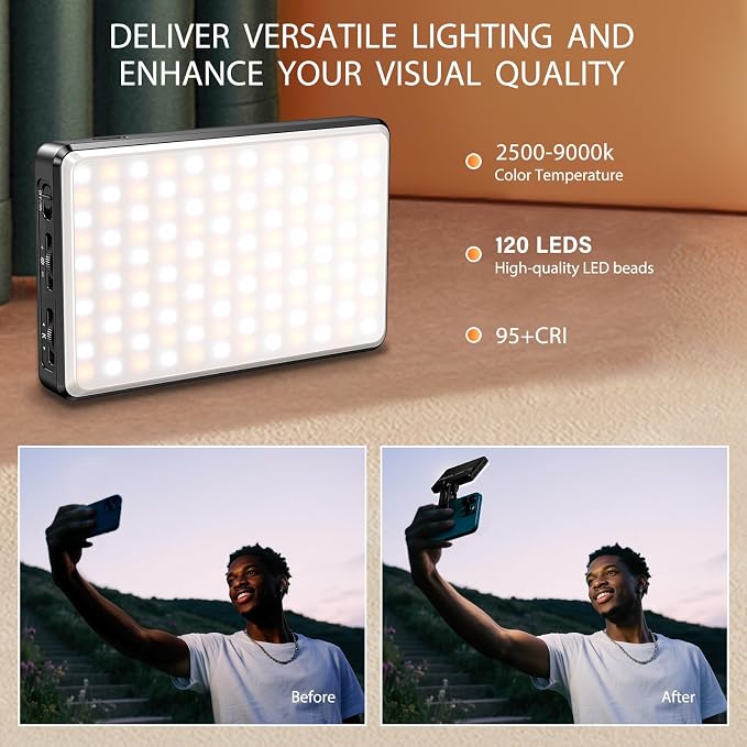 120 LED Video Light, Portable USB Photo Light Dimmable 2500-9000K CRI 95+ 5000mAh Battery with Tripod with Colored Filters and Clip, Photo Lamp for Phone/iPad/Camera - Image 3