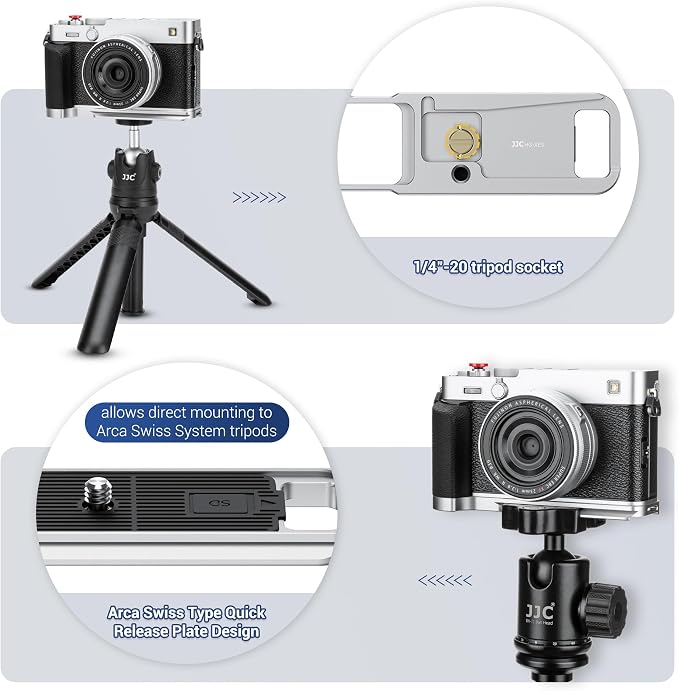 JJC Metal Hand Grip L-Bracket & Shutter Button for Fuji X-E5 Camera, Black | Silicone Handgrip Cover, Anti-Slip Pads with SD Card Holder, Arca Swiss Quick Release Plate & 1/4"-20 Tripod Hole - Image 5