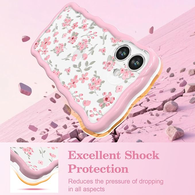 QLTYPRI for iPhone 17 Pink Flower Case, Clear Cute Pink Floral Flower Phone Case Curly Wavy Aesthetic Phone Cover, Soft Slim Transparent TPU Shockproof Protective Cover for Women Girls - Pink - Image 4